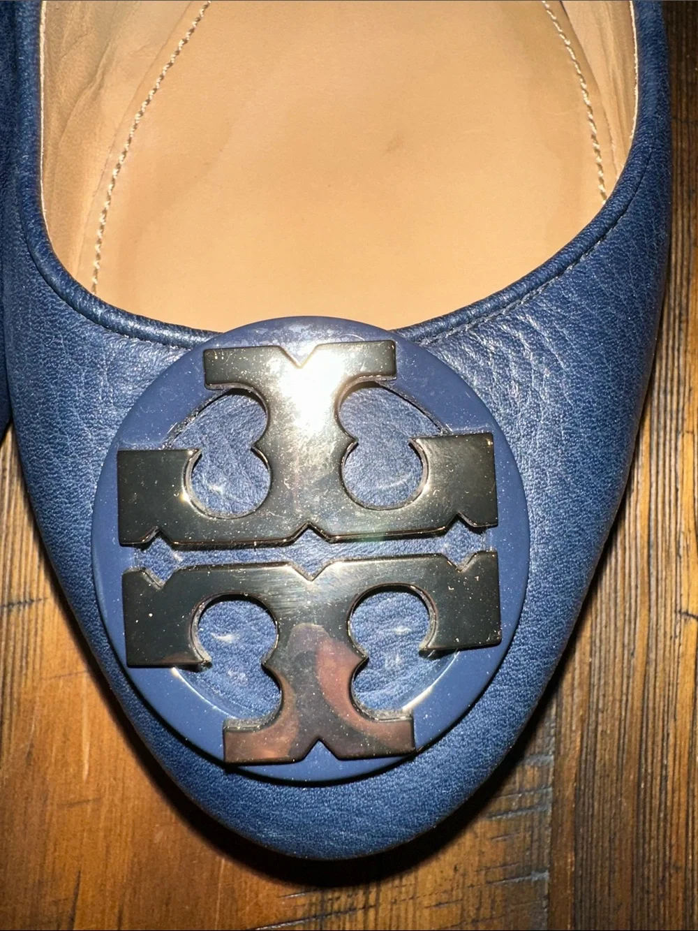 Tory Burch Navy Leather Ballet Flats with Gold Logo